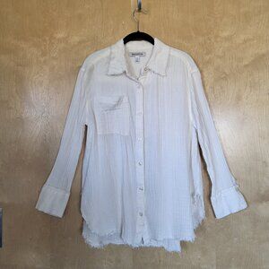 Urban Outfitters Distressed Gauzy Cotton Button Down Shirt Off White Siz…